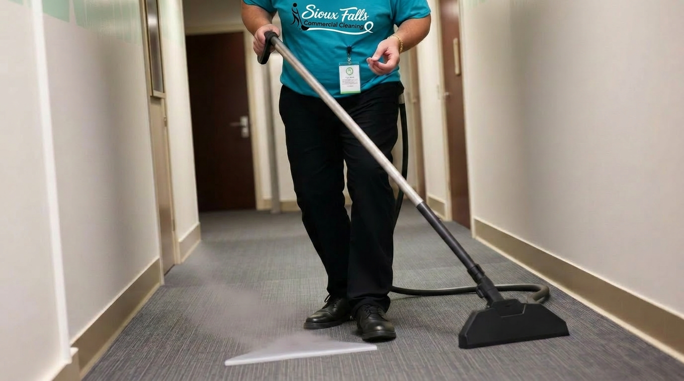 Commercial carpet extraction equipment cleaning a hallway in a Sioux Falls office building.