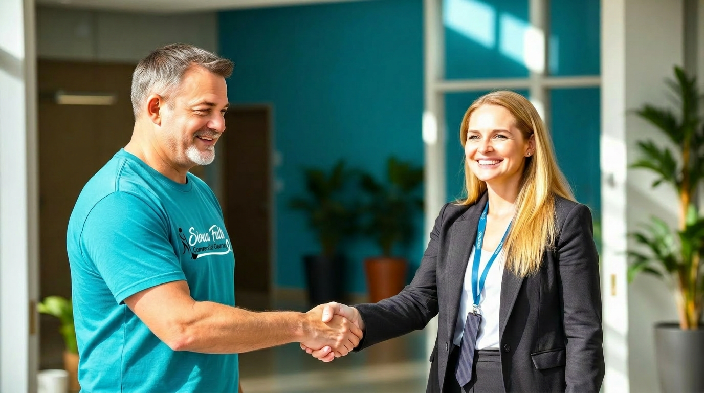 Business owner shaking hands with a commercial cleaning supervisor in an office lobby.