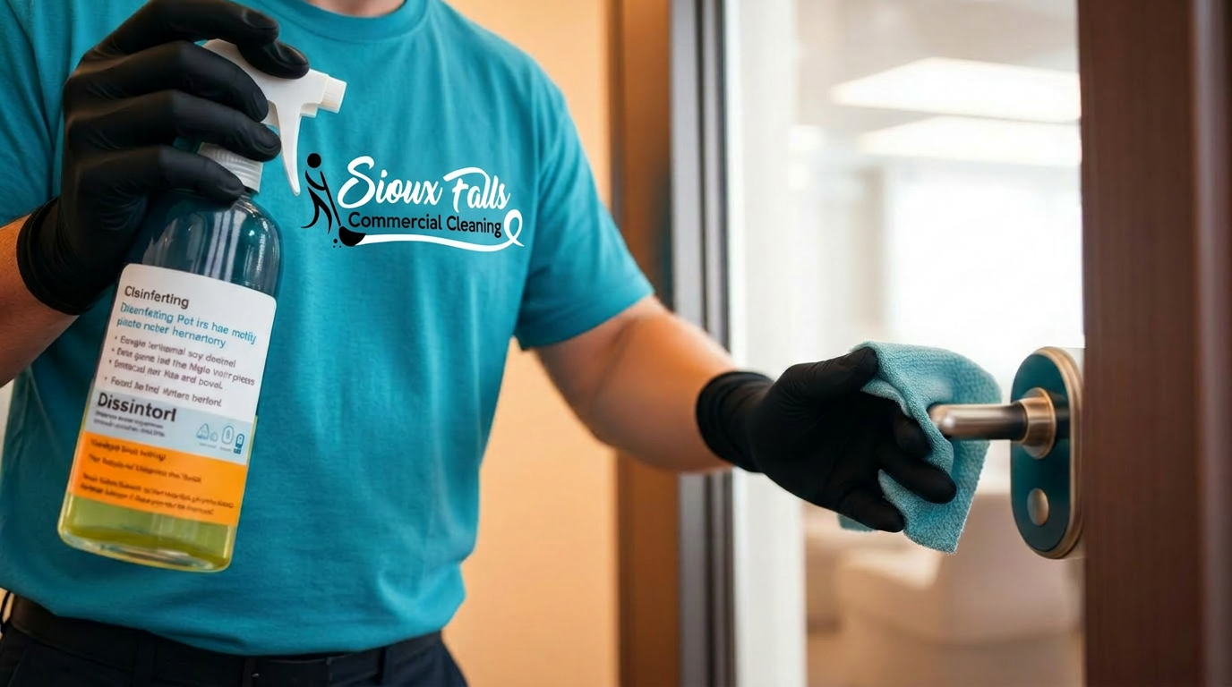 Commercial cleaner in turquoise uniform disinfecting an office door handle.