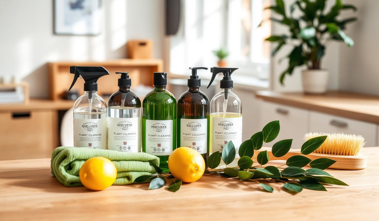 Plant-based green cleaning supplies and microfiber cloths on a wooden countertop.