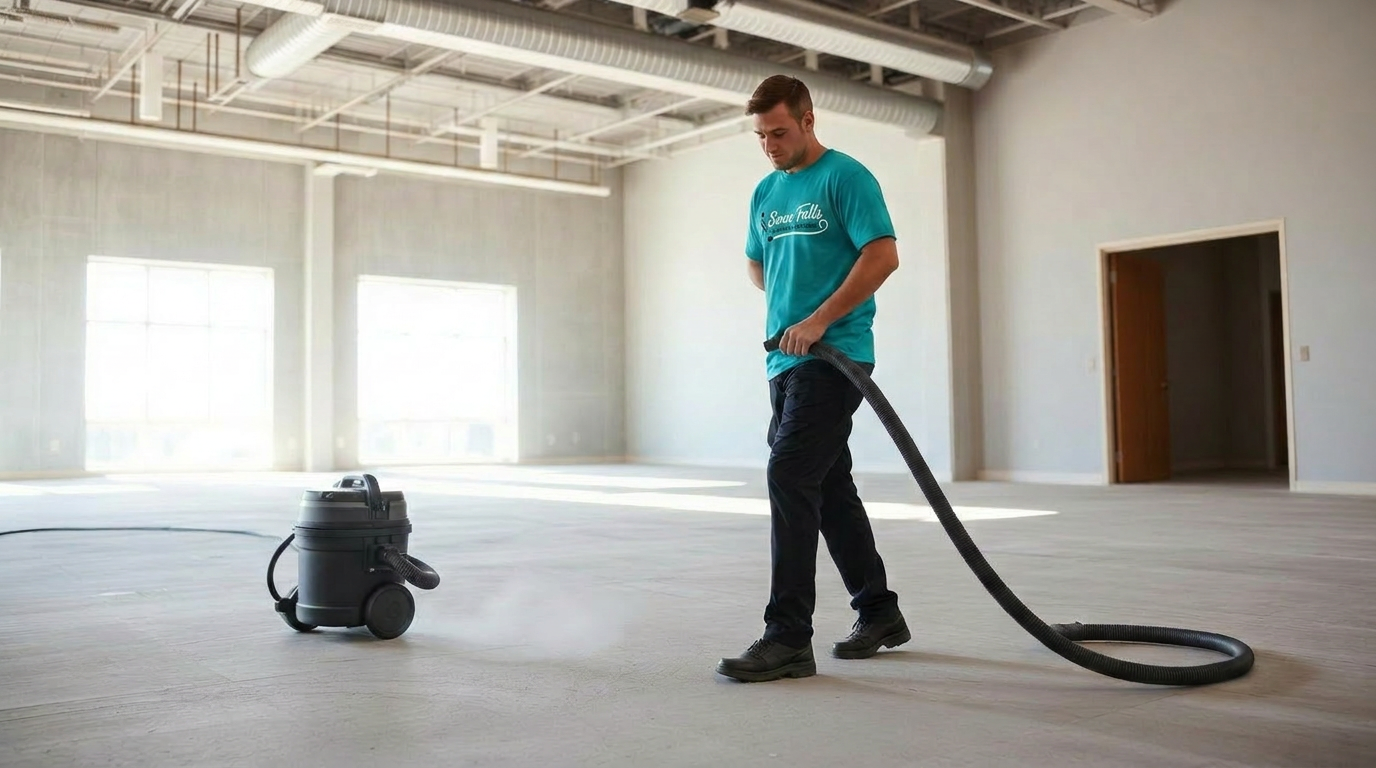 Newly built commercial interior in the final cleaning phase before handover.